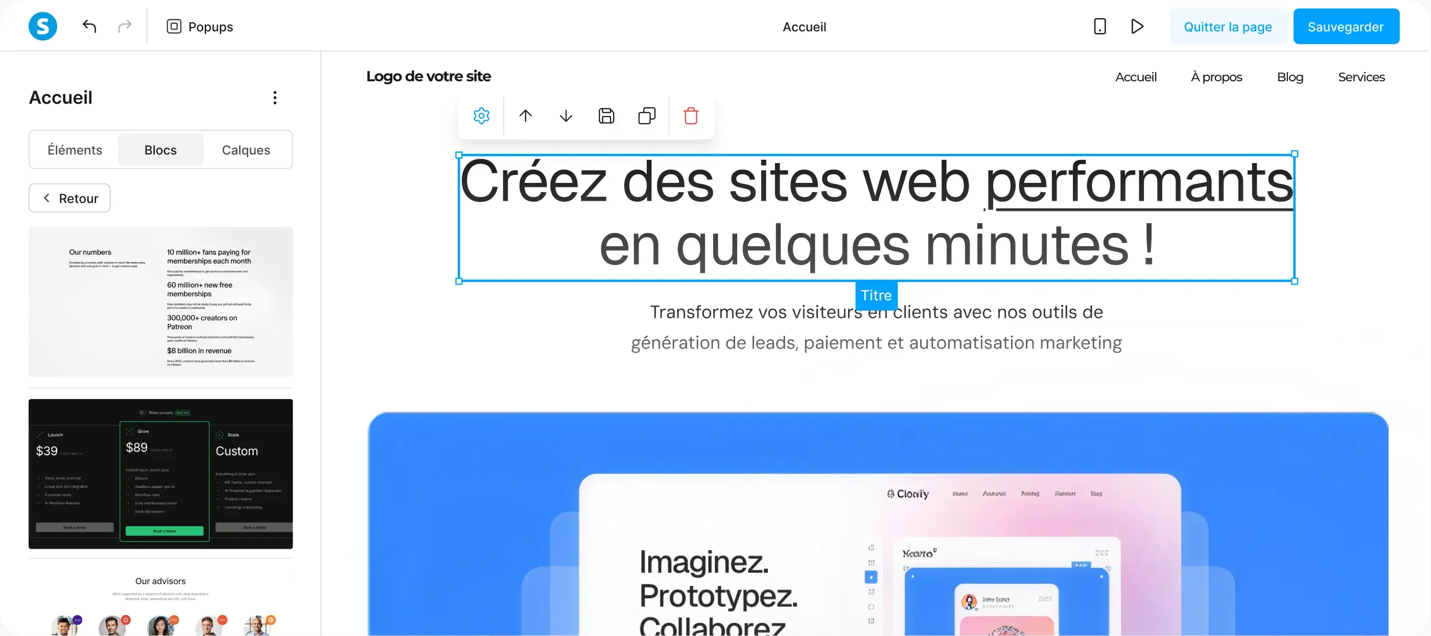 Éditeur de pages systeme.io — constructeur de site par blocs glisser-déposer