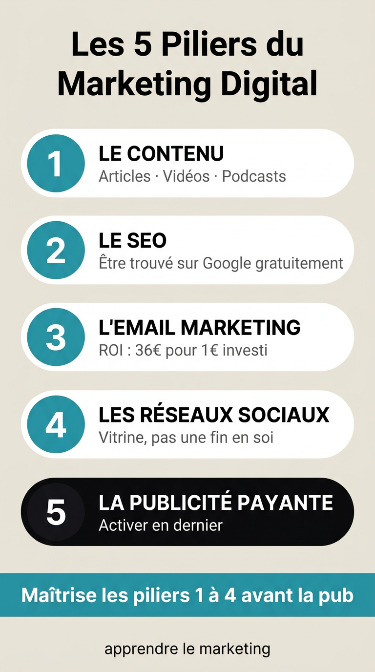 Les 5 piliers du marketing digital pour débutant : contenu, SEO, email marketing, réseaux sociaux et publicité payante