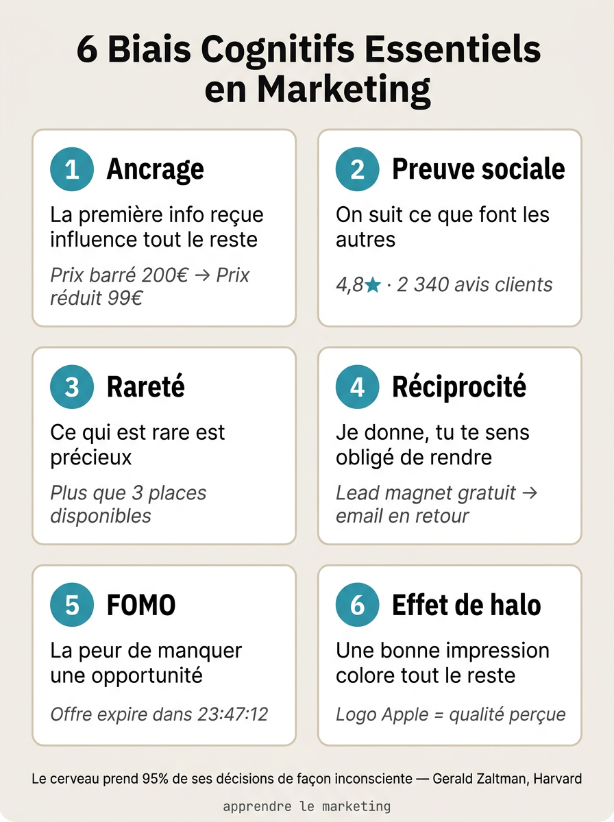 Les 6 biais cognitifs essentiels en marketing : ancrage, preuve sociale, rareté, réciprocité, FOMO et effet de halo