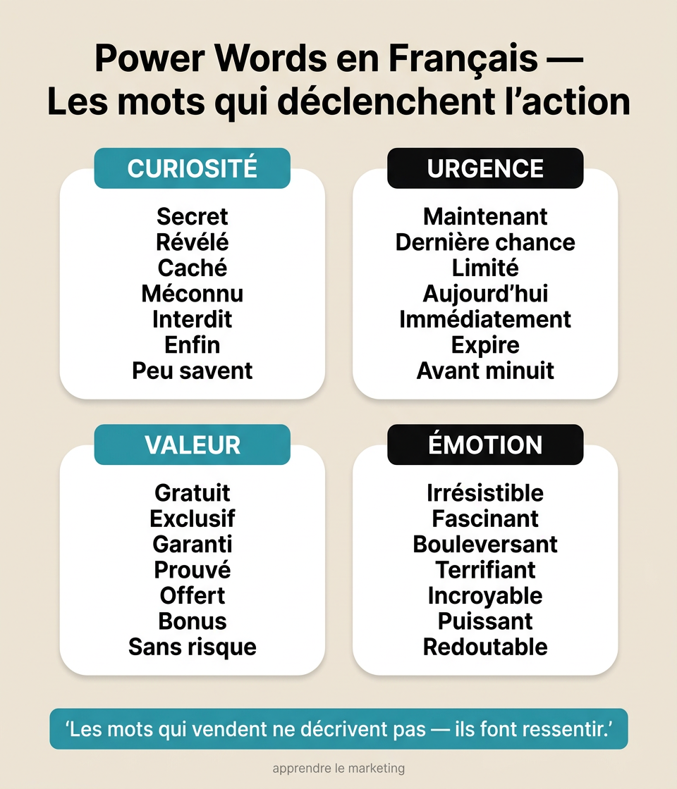 Cheat sheet des power words en français pour le copywriting : curiosité, urgence, valeur et émotion
