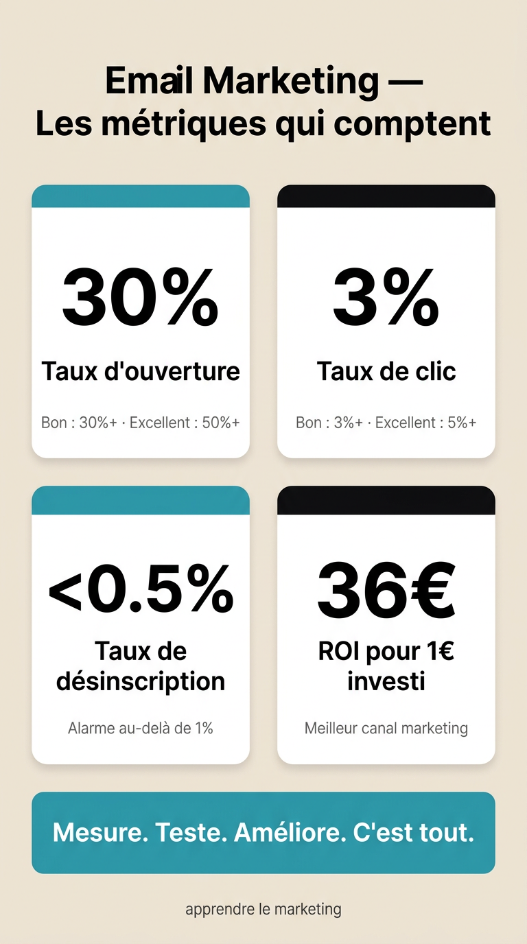 Métriques clés de l'email marketing : taux d'ouverture, taux de clic, taux de désinscription et benchmarks