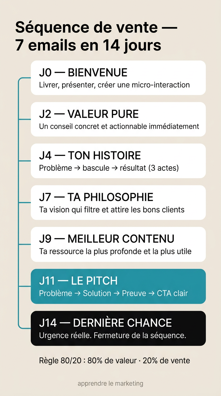 Anatomie d'une séquence de 7 emails qui vend : bienvenue, valeur, histoire, philosophie, contenu, pitch, dernier appel