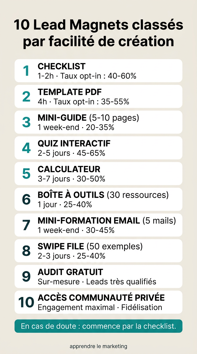 Les 10 formats de lead magnet qui convertissent : checklist, template, mini-cours, quiz, calculateur et plus