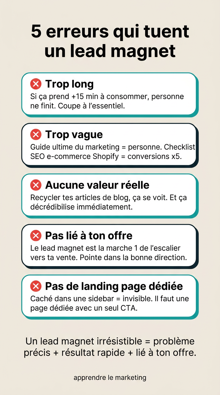 Les 5 erreurs fatales d'un lead magnet : trop long, trop vague, sans valeur, hors sujet et sans landing page dédiée