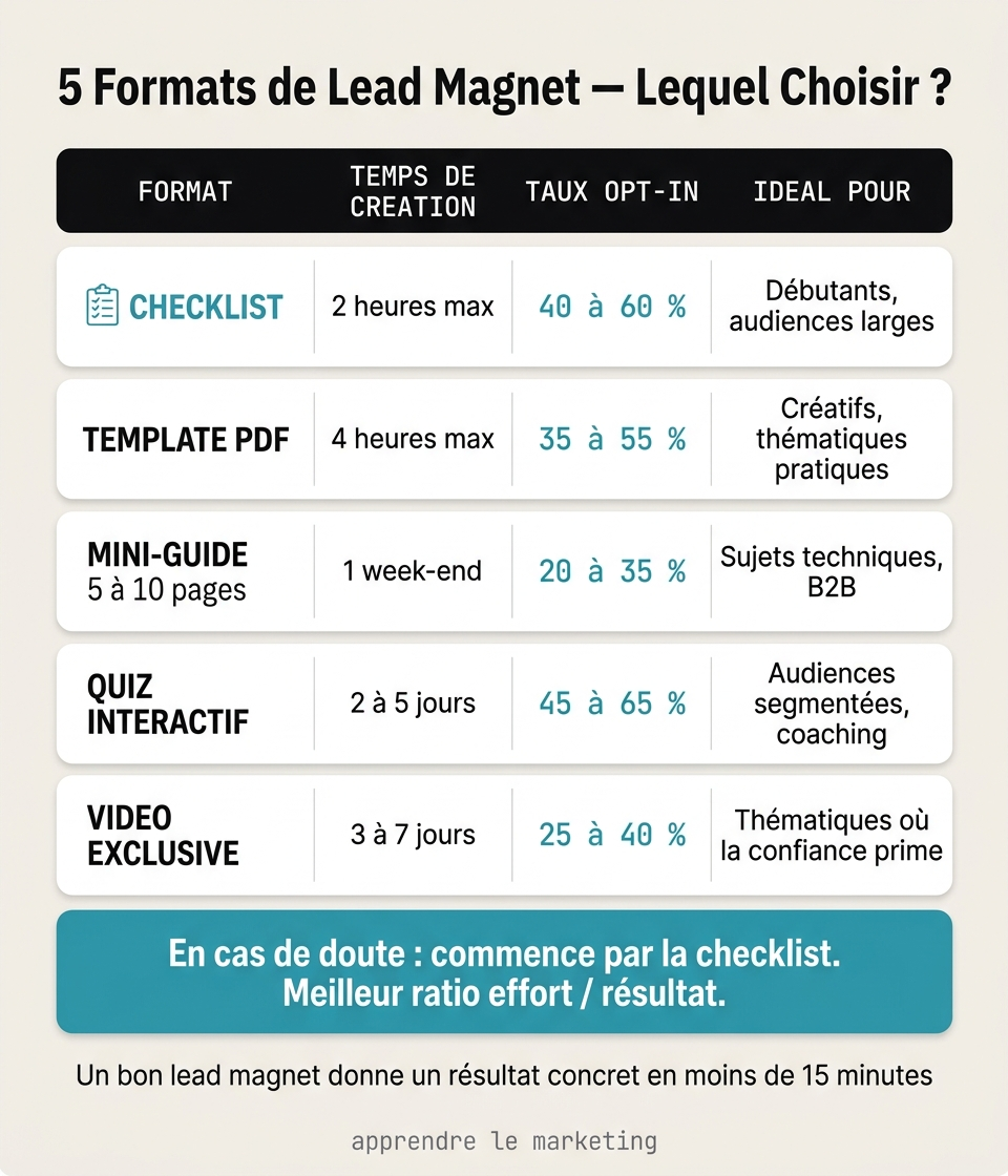 Comparatif des 5 formats de lead magnet : checklist, template PDF, mini-guide, quiz et vidéo avec taux d'opt-in