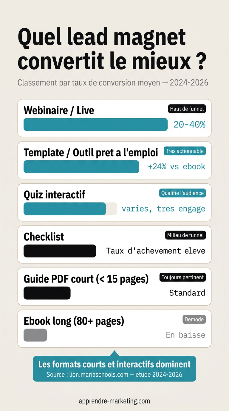 Infographie du classement des lead magnets par taux de conversion : webinaire, template, quiz, checklist, guide PDF et ebook