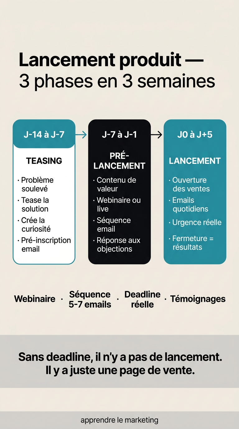 Les 3 phases d'un lancement marketing : avant (préchauffage), pendant (vente) et après (follow-up)