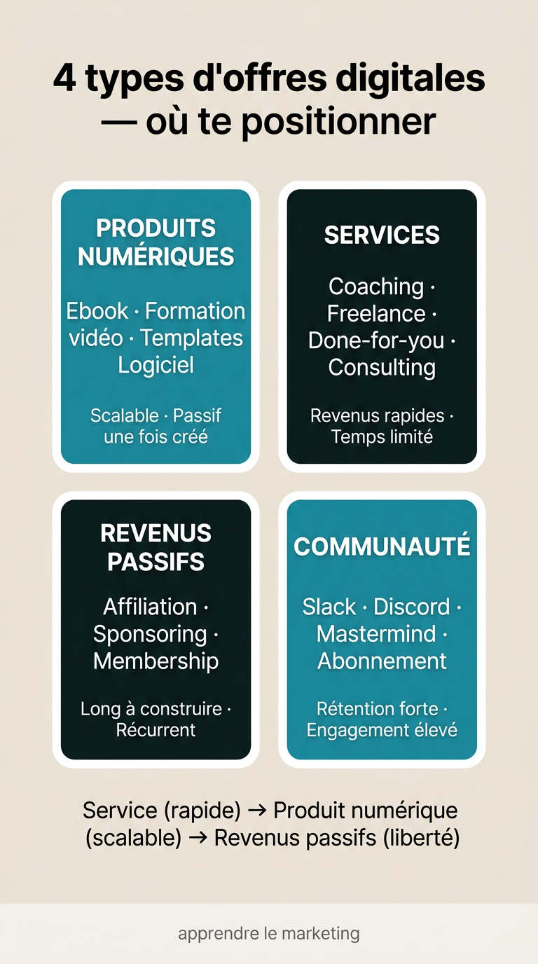 Les 4 types d'offres digitales : produits numériques, services, abonnements et revenus passifs