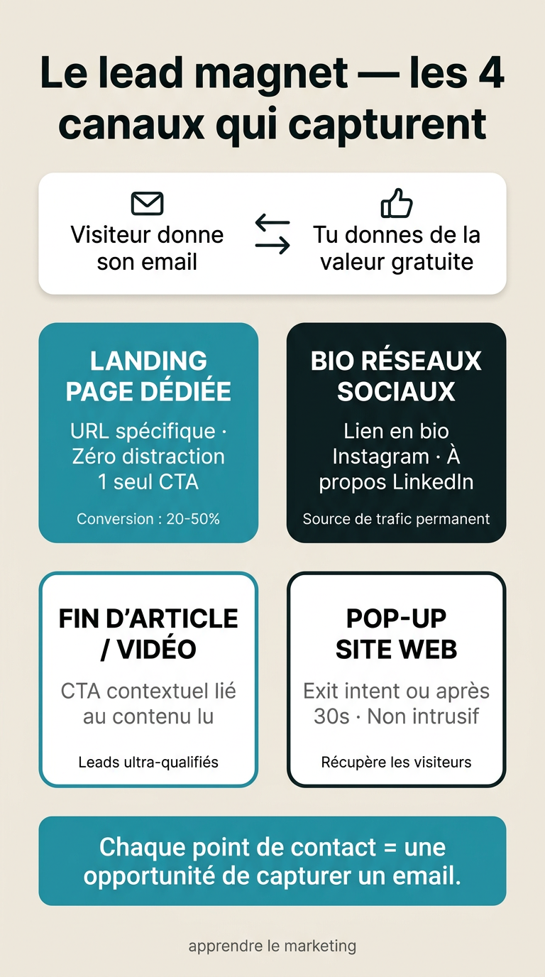 Les canaux pour diffuser son lead magnet : bio Instagram, signature email, articles de blog et LinkedIn