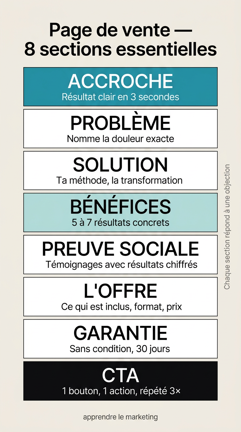 Les 8 sections d'une page de vente efficace : headline, problème, solution, bénéfices, preuve sociale, offre, garantie et CTA