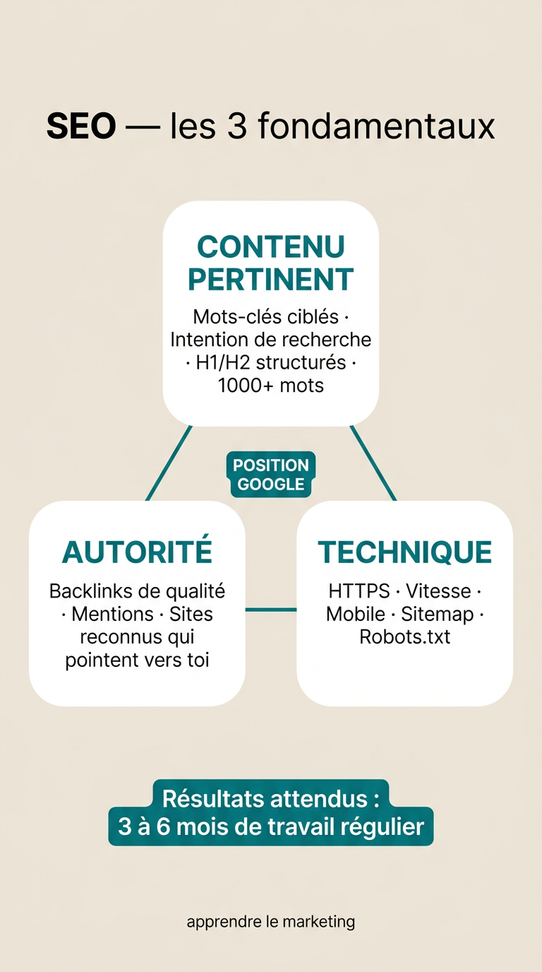 Triangle des 3 piliers SEO : technique, contenu et popularité — comment Google classe les sites web