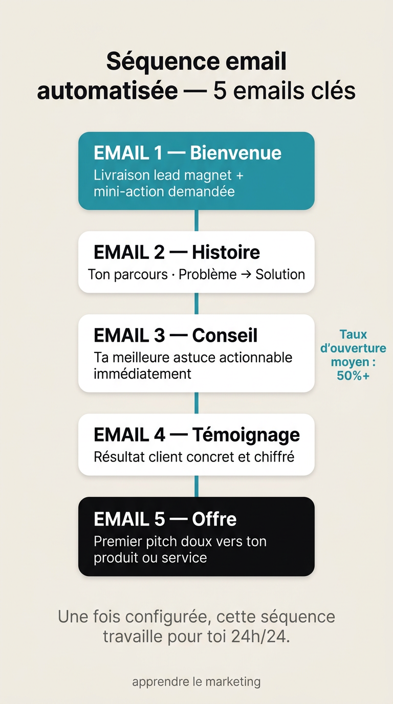 Structure d'une séquence de 5 emails automatisés : bienvenue, valeur, histoire, philosophie et offre
