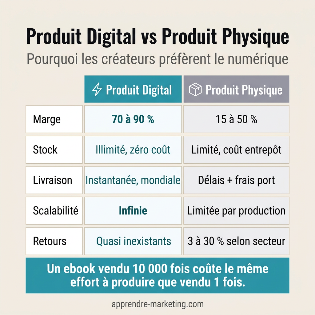 Comparatif produit digital vs produit physique : marge, stock, livraison, scalabilité, retours