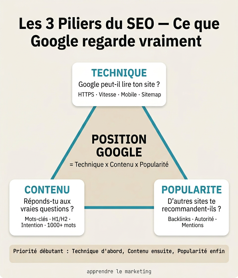 Les 3 piliers du SEO pour débutant : technique, contenu et popularité — comment Google classe les sites web