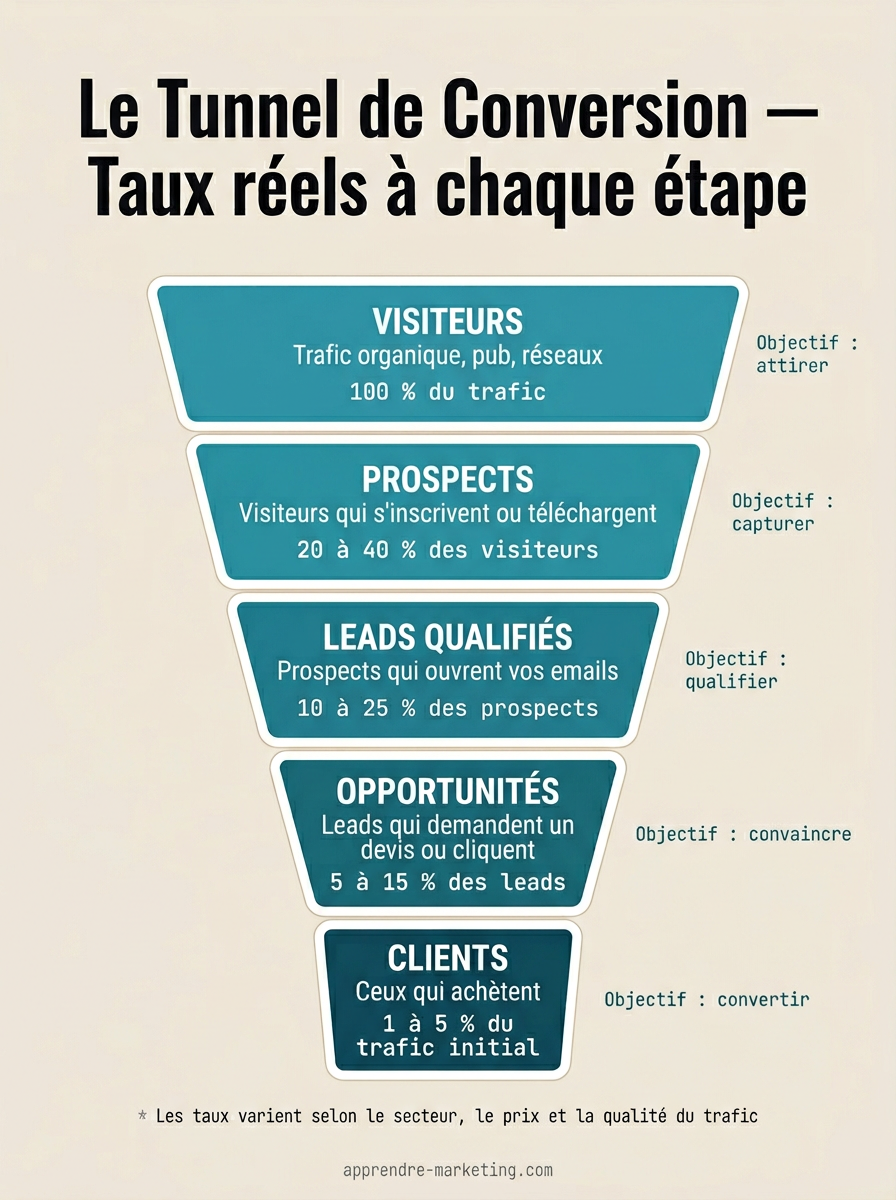 Les 5 étapes du tunnel de conversion avec les taux de conversion typiques à chaque niveau